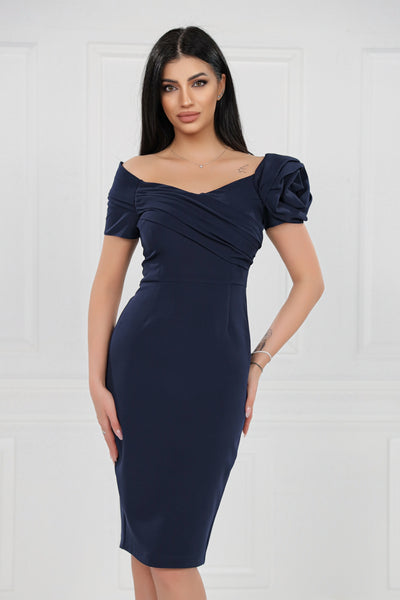 Rochie MBG bleumarin cu umeri goi si floare 3D pe maneca