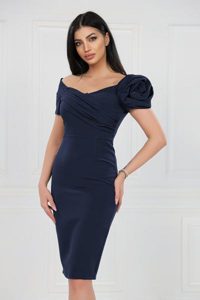 Rochie MBG bleumarin cu umeri goi si floare 3D pe maneca