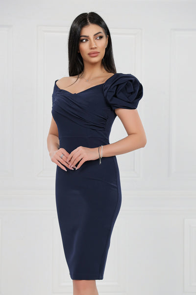 Rochie MBG bleumarin cu umeri goi si floare 3D pe maneca