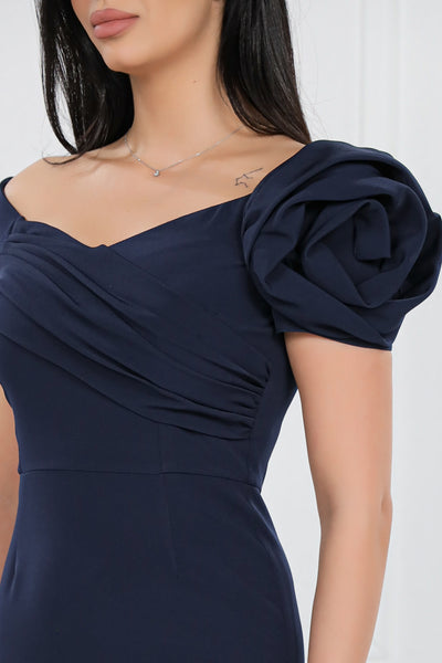Rochie MBG bleumarin cu umeri goi si floare 3D pe maneca