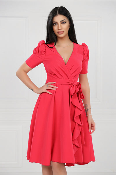 Rochie MBG corai cu bust petrecut si volan pe fusta