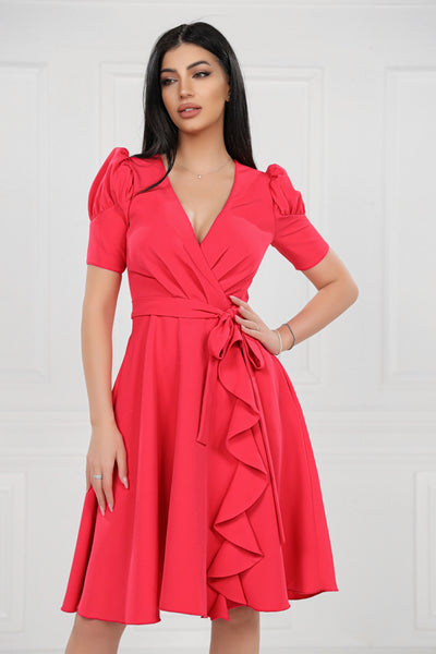 Rochie MBG corai cu bust petrecut si volan pe fusta