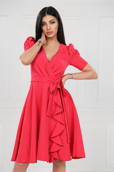 Rochie MBG corai cu bust petrecut si volan pe fusta