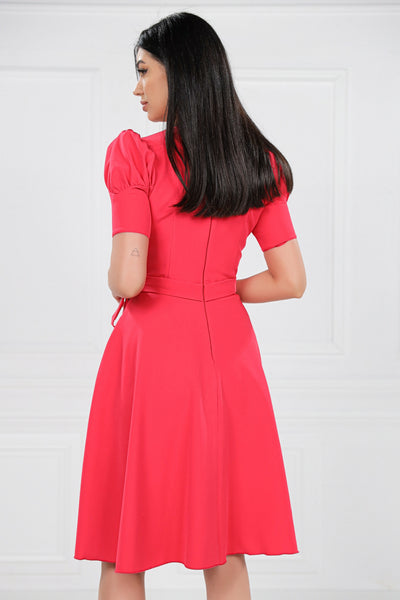 Rochie MBG corai cu bust petrecut si volan pe fusta