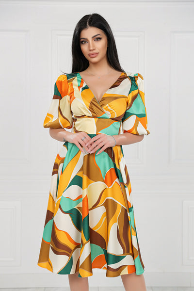 Rochie MBG bej cu imprimeu galben si maneci bufante