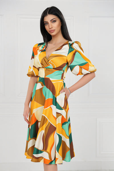 Rochie MBG bej cu imprimeu galben si maneci bufante