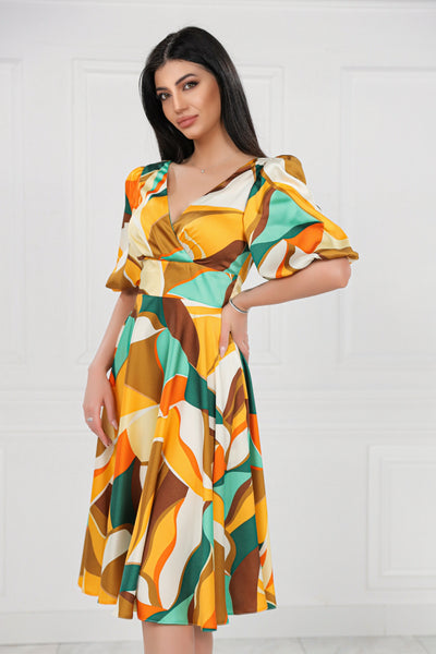 Rochie MBG bej cu imprimeu galben si maneci bufante