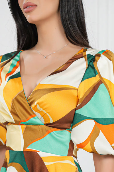Rochie MBG bej cu imprimeu galben si maneci bufante