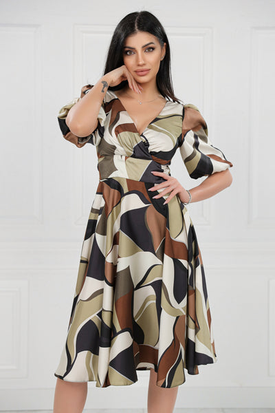 Rochie MBG bej cu imprimeu maro si maneci bufante