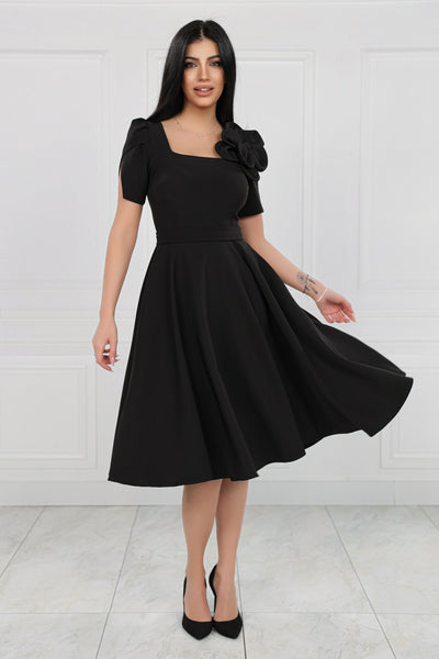 Rochie MBG neagra cu maneci despicate si floare pe umar