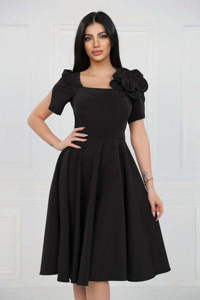 Rochie MBG neagra cu maneci despicate si floare pe umar