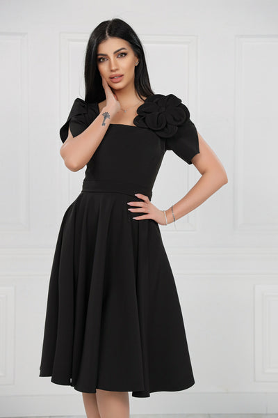 Rochie MBG neagra cu maneci despicate si floare pe umar