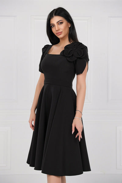 Rochie MBG neagra cu maneci despicate si floare pe umar