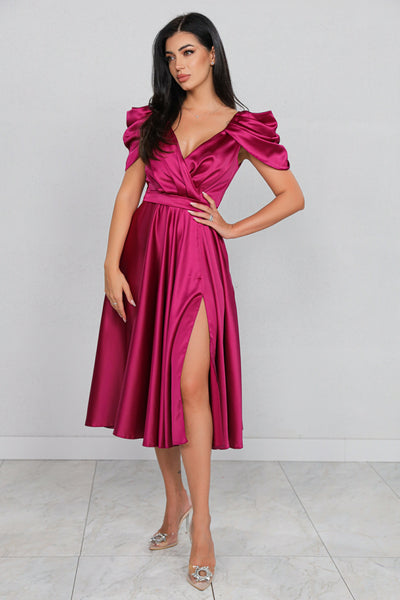 Rochie MBG magenta cu maneca din falduri