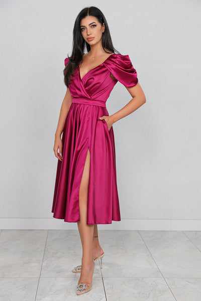 Rochie MBG magenta cu maneca din falduri