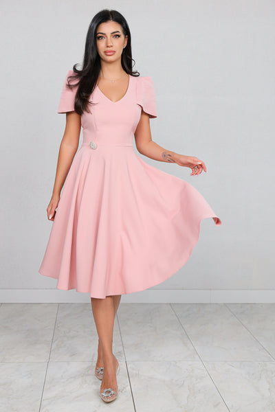 Rochie MBG roz cu maneca din falduri si accesoriu in talie