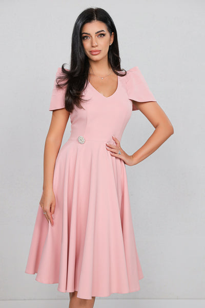 Rochie MBG roz cu maneca din falduri si accesoriu in talie