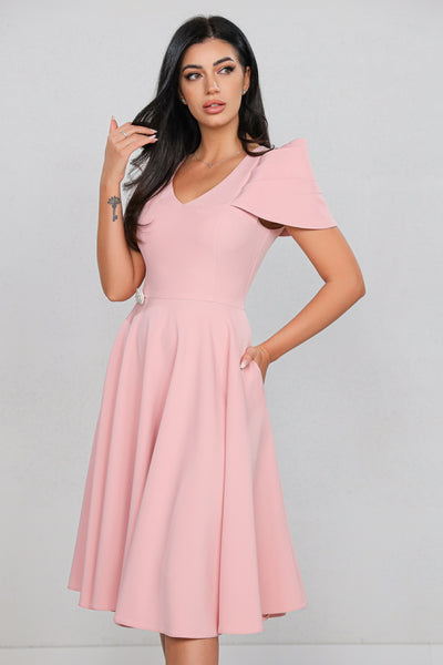 Rochie MBG roz cu maneca din falduri si accesoriu in talie