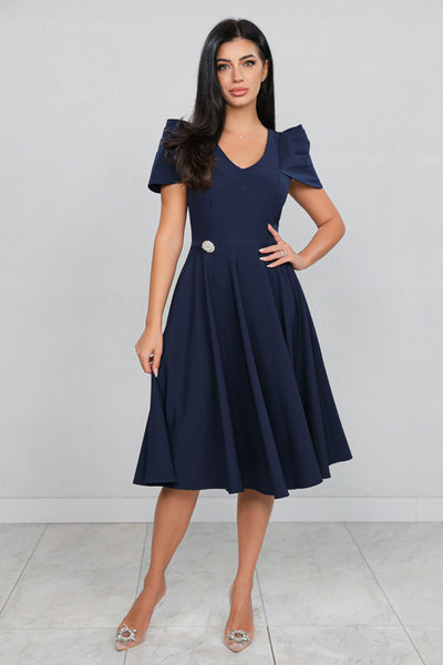 Rochie MBG bleumarin cu maneca din falduri si accesoriu in talie
