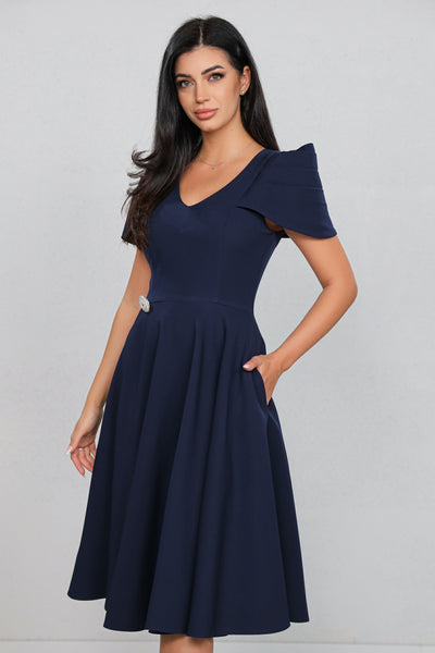 Rochie MBG bleumarin cu maneca din falduri si accesoriu in talie