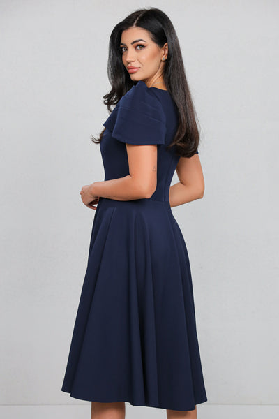 Rochie MBG bleumarin cu maneca din falduri si accesoriu in talie