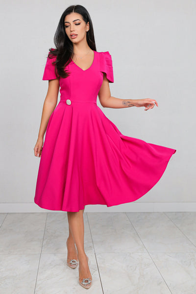 Rochie MBG fuchsia cu maneca din falduri si accesoriu in talie