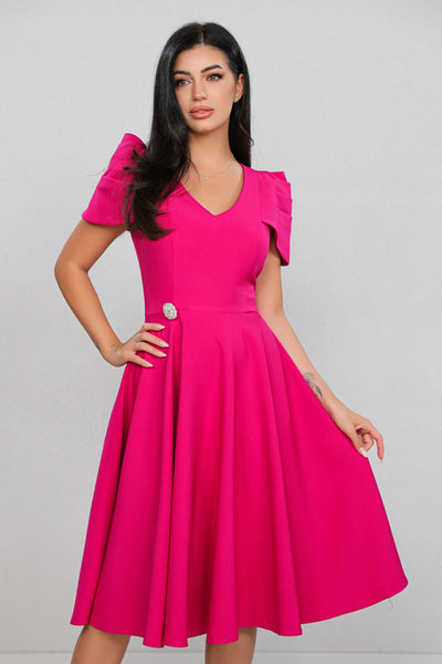 Rochie MBG fuchsia cu maneca din falduri si accesoriu in talie