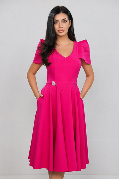 Rochie MBG fuchsia cu maneca din falduri si accesoriu in talie