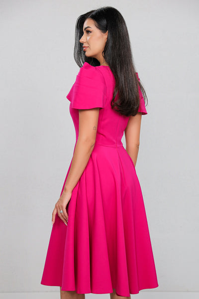 Rochie MBG fuchsia cu maneca din falduri si accesoriu in talie