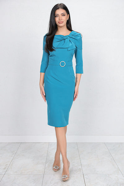 Rochie MBG turquoise cu funda stilizata la decolteu si catarama cu perle