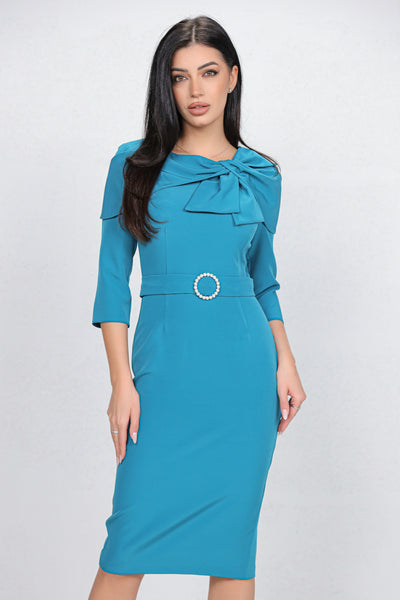 Rochie MBG turquoise cu funda stilizata la decolteu si catarama cu perle