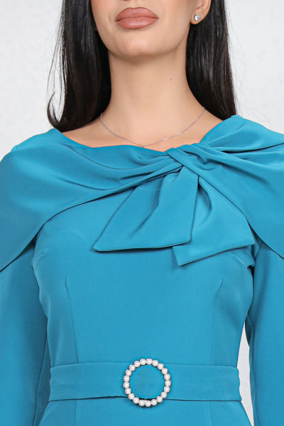 Rochie MBG turquoise cu funda stilizata la decolteu si catarama cu perle