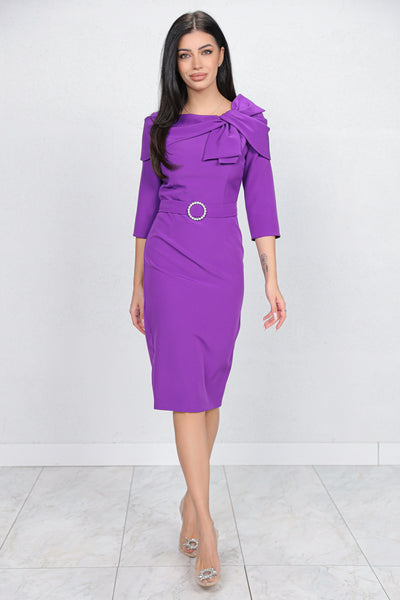 Rochie MBG mov cu funda stilizata la decolteu si catarama cu perle