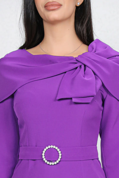 Rochie MBG mov cu funda stilizata la decolteu si catarama cu perle