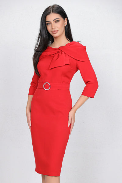 Rochie MBG rosie cu funda stilizata la decolteu si catarama cu perle