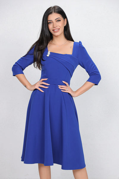 Rochie MBG albastra cu design in zona bustului accesorizat cu nasturi perlute