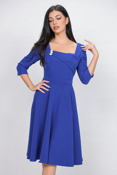 Rochie MBG albastra cu design in zona bustului accesorizat cu nasturi perlute