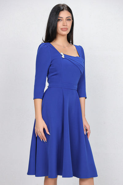 Rochie MBG albastra cu design in zona bustului accesorizat cu nasturi perlute