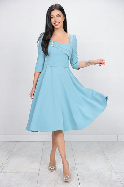 Rochie MBG bleu cu design in zona bustului accesorizat cu nasturi perlute