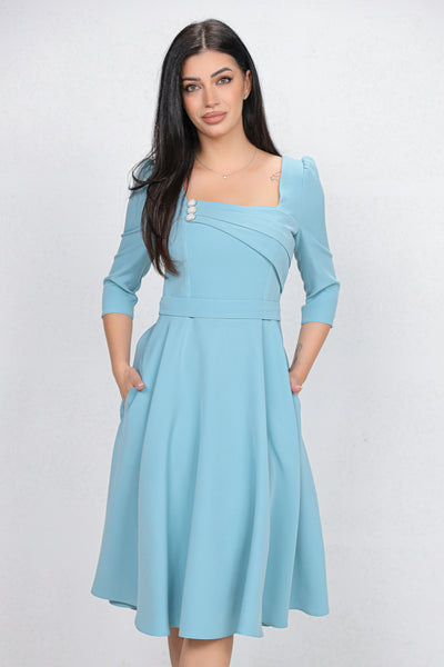 Rochie MBG bleu cu design in zona bustului accesorizat cu nasturi perlute