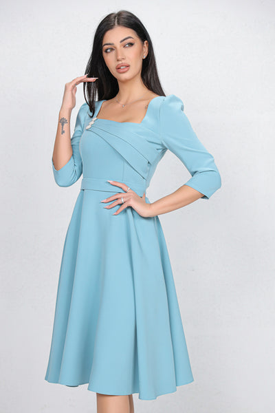 Rochie MBG bleu cu design in zona bustului accesorizat cu nasturi perlute