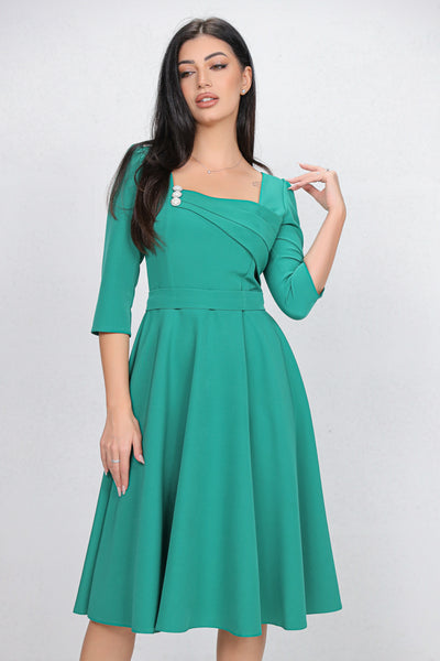 Rochie MBG verde cu design in zona bustului accesorizat cu nasturi perlute