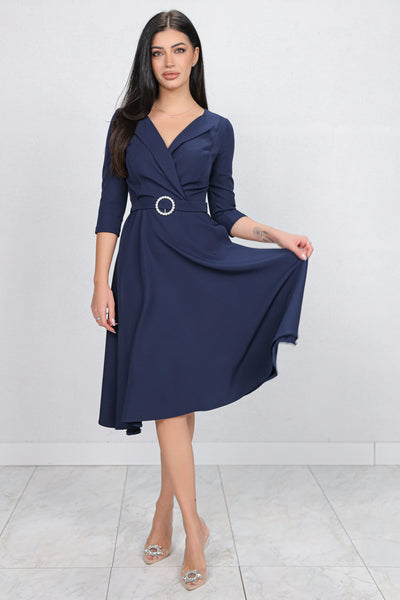 Rochie MBG bleumarin cu revere si catarama cu perle