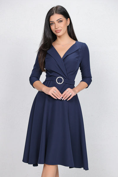 Rochie MBG bleumarin cu revere si catarama cu perle