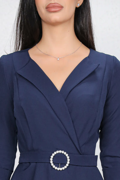 Rochie MBG bleumarin cu revere si catarama cu perle