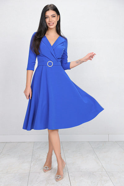 Rochie MBG albastra cu revere si catarama cu perle