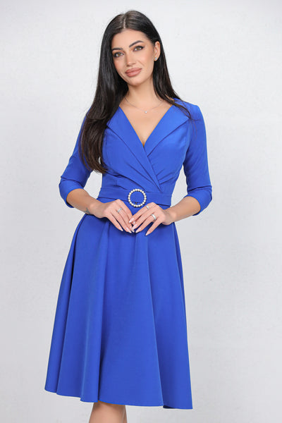 Rochie MBG albastra cu revere si catarama cu perle