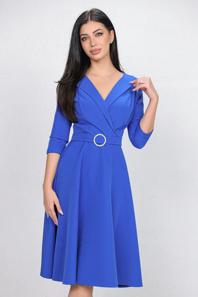 Rochie MBG albastra cu revere si catarama cu perle