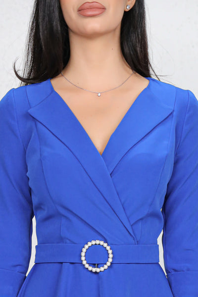 Rochie MBG albastra cu revere si catarama cu perle