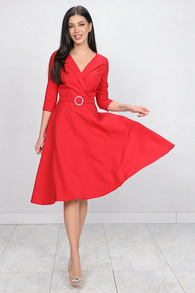 Rochie MBG rosie cu revere si catarama cu perle